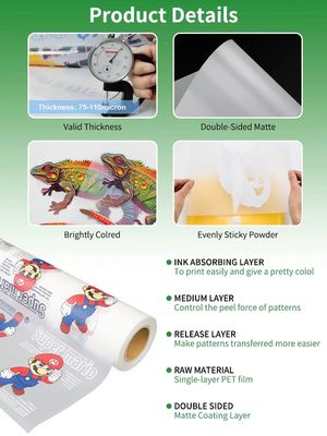 ผ้า DTF PET Transfer Film 75mic ด้านคู่แมทตรงกับฟิล์มบนผ้า